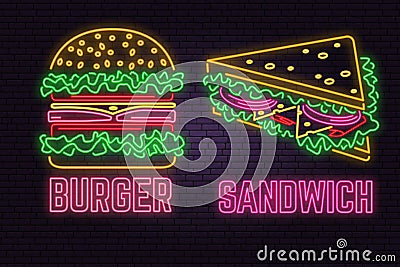 Retro neon burger and sandwich sign on brick wall background. Design for fast food cafe. Vector Illustration