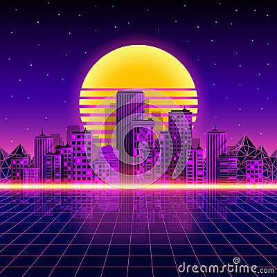 Retro neon city background. Neon style 80s. Vector illustration Vector Illustration