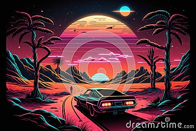 Retro neon landscape with muscle car. Generative AI Cartoon Illustration