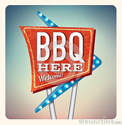 Retro Neon Sign BBQ Vector Illustration