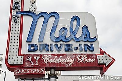 Retro neon signs of famous Mel's Drive In in Los Angeles Editorial Stock Photo