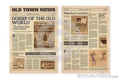 Retro newspaper. Daily news articles yellow newsprint old magazine. Media newspaper pages. Vintage paper journal vector Vector Illustration