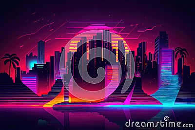 Retro night city street with palm trees and neon lights, ai generation Stock Photo