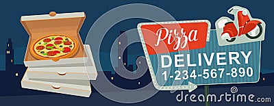 Retro night sign with an arrow. Billboard in retro style with lights. Delivery pizza on red moped. Isolated vector flat Vector Illustration