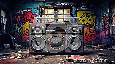 Retro old design ghetto blaster boombox radio cassette tape recorder from 1980s in a grungy graffiti covered room.music blaster Stock Photo