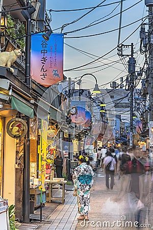 Retro old-fashionned shopping street Yanaka Ginza famous as a spectacular spot for sunset and also named the Evening Village. Editorial Stock Photo