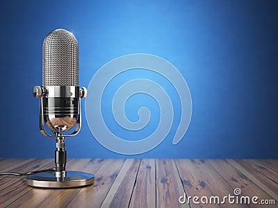 Retro old microphone. Radio show or audio podcast concept. Vintage microphone on blue background. Cartoon Illustration