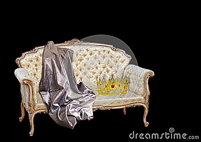 Retro old renaissance georgian elizabethan king queen chair swag crown gold golden seat chaise lounge longue png copy negative Stock Photo