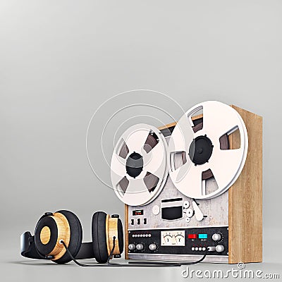 Retro old tape recorder and headphones on grey background.Vintage old style. Stock Photo