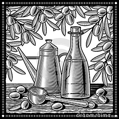 Retro olive oil still life black and white Vector Illustration