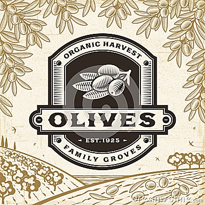 Retro olives label on harvest landscape Vector Illustration