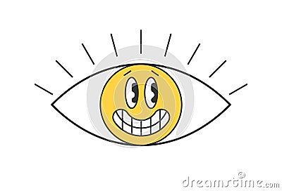 Retro open eye with smiley face. Psychedelic groovy hippie style bizarre design. Vintage hippy crazy funny smiling pupil Vector Illustration