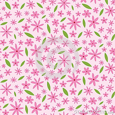Simple Retro Pink flowers with green leaves seamless pattern on light pink background. Vector Illustration