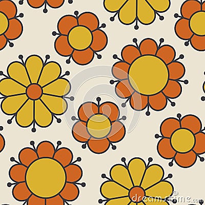 Retro orange and yellow color 60s flower motif. Vector Illustration