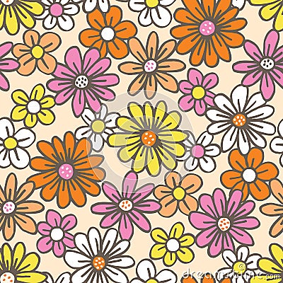Retro Palette Hand Drawn Felt Tip Pen Daisies Floral Vector Seamless Pattern Vector Illustration