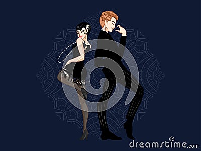 Retro party card, man and woman dressed in 1920s style dancing, flapper girls handsome guy in vintage suit, twenties, vector Vector Illustration
