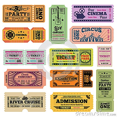 Retro party, cinema, movie and music event vector passing tickets set Vector Illustration