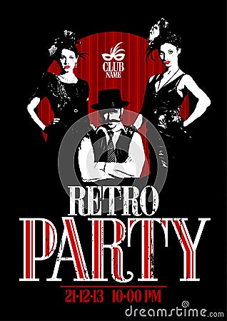 Retro party design with old-fashioned girls and man. Stock Photo