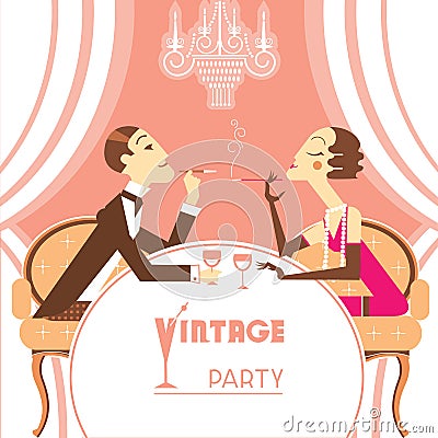 Retro party illustration with couple lovers Vector Illustration