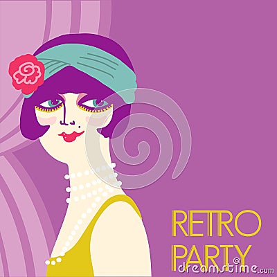 Retro party invitation card. Vintage flapper girl in 1920s style fashion dress and long beads. Vector retro woman with dark hair Vector Illustration