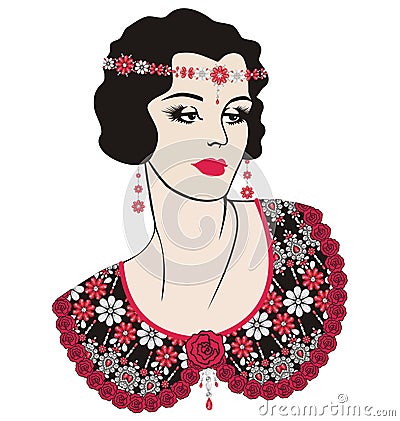 Retro party invitation design flapper girl (20's style). Ornate element pattern. Flower fashion print shine from brilliant Vector Illustration