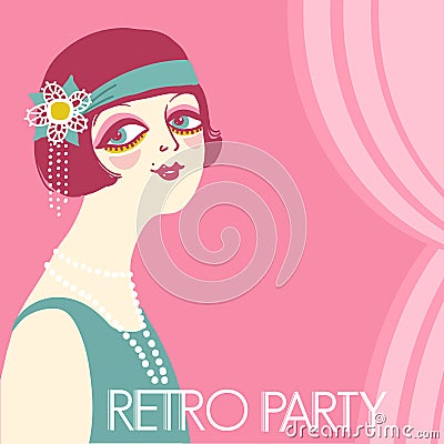 Retro party invitation design template. Vintage flapper girl in 1920s style fashion dress. Vector retro woman with dark hair and Vector Illustration