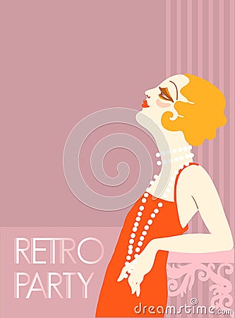 Retro party invitation design template. Vintage flapper girl in 1920s style fashion red dress and long beads. Vector retro woman Vector Illustration