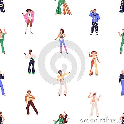 Retro party pattern with fashion people dancing to 80s music. Seamless 1980s disco background. Repeating print, endless Vector Illustration