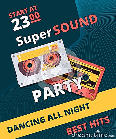 Retro party poster. Music night 90s dance time audio tape cassette vector placard design Vector Illustration