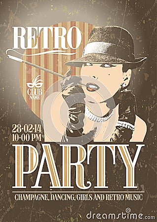 Retro party poster with old-fashioned smoking woma Vector Illustration