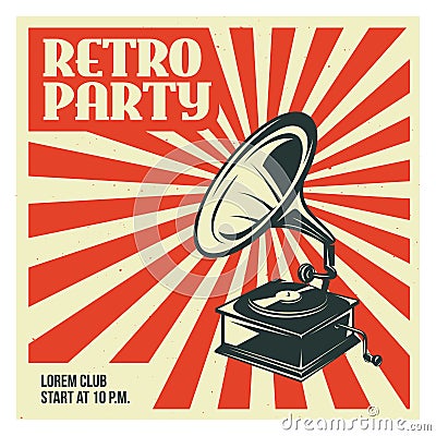 Retro party poster template with old gramophone. Vector vintage illustration. Vector Illustration