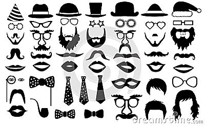 Retro party set. glasses, hats, lips, mustaches, tie, beard, monocle, icons. vector illustration silhouette Vector Illustration