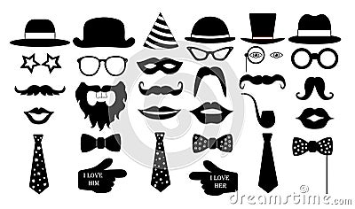 Retro party set. Glasses hats lips mustaches tie monocle icons. vector illustration. Vector Illustration
