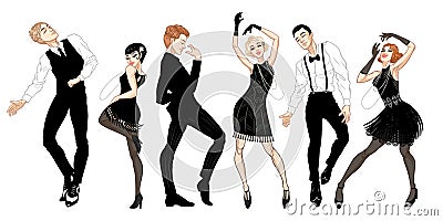 Retro party set, men and women dressed in 1920s style dancing, flapper girls, handsome guys in vintage suits, twenties, vector Vector Illustration