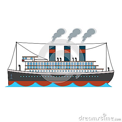 Retro passenger ocean steamboat in cartoon style on white background Vector Illustration