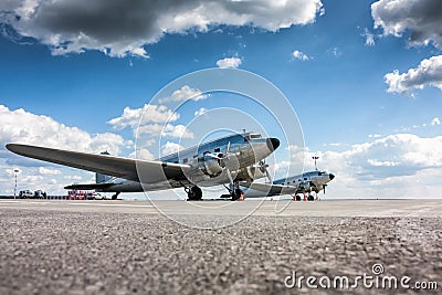 Retro passenger planes at the airport apron Stock Photo