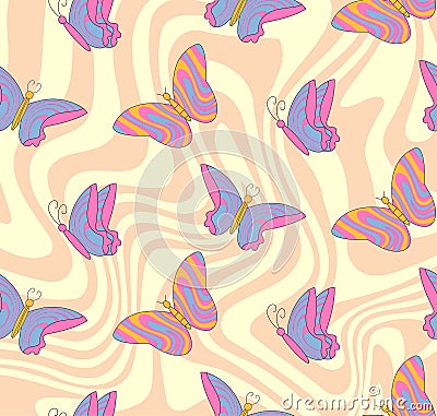 Retro Pattern Hippie Groovy Butterfly on Yellow Abstract Wave Background. Seamless Blue Butterfly Vector Illustration