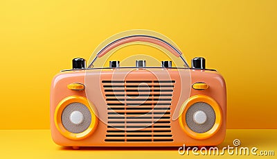 Retro peach-colored radio with chrome details on yellow background. World Radio Day Stock Photo