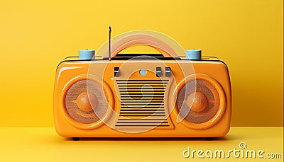 Retro peach-colored radio with chrome details on yellow background. World Radio Day Stock Photo