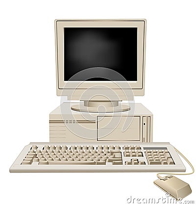 Retro personal computer with system unit large monitor keyboard and mouse vector graphic illustration Vector Illustration