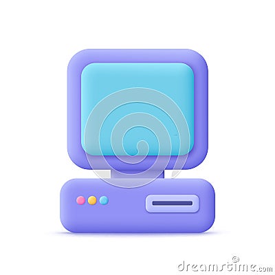 Retro personal computer with system unit and monitor display. 3d vector icon. Cartoon minimal style Vector Illustration