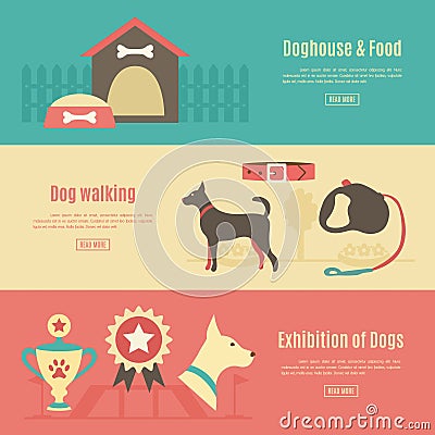 Retro pet flat horizontal banner set. Vector Vector Illustration