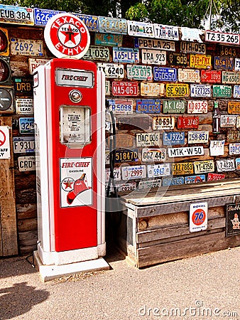 Retro Petrol Pump, American License Plates Editorial Stock Photo