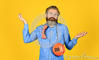 Retro phone. Marketing automation. Cold Calling Scripts. Outdated technology. Manager phone dialog communication Stock Photo