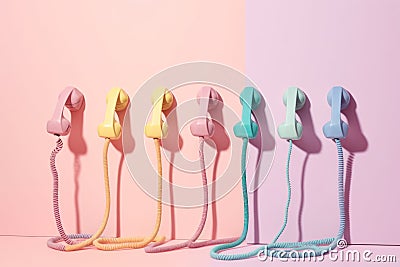 Retro phones in different pastel colors in row over pink background. Generative AI Stock Photo