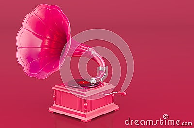 Retro phonograph, vintage gramophone in trending viva magenta colors, 3D rendering Stock Photo