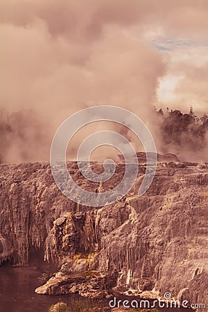 Retro photo of active geysers near Rotorua, New Zealand. Stock Photo