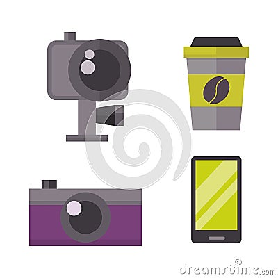 Retro photo camera and phone icon vector illustration. Vector Illustration