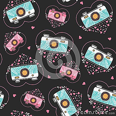 Retro photo camera seamless pattern. Vector Illustration