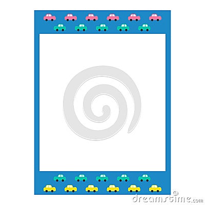Cartoon cute retro instant photo frame. Modern design with blue color base and car pattern. Vector Illustration